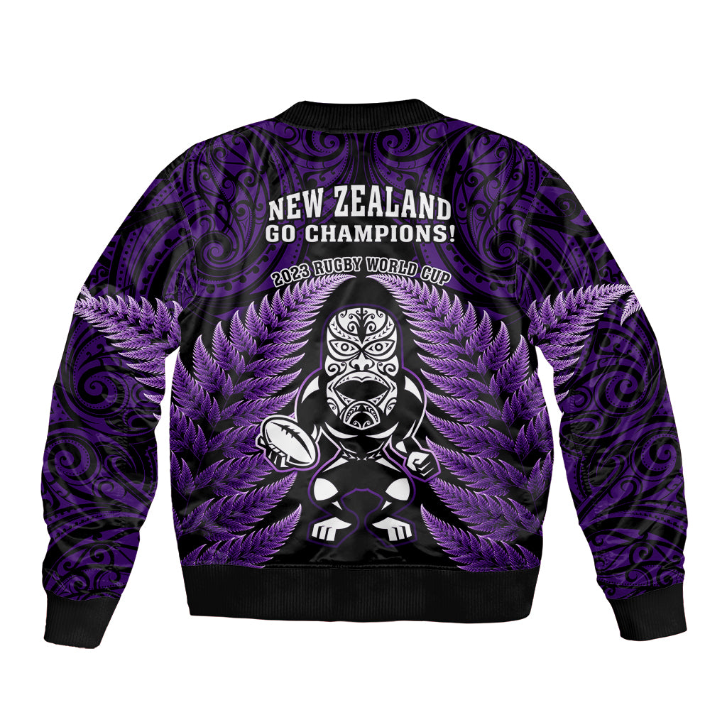 New Zealand Aotearoa Rugby Sleeve Zip Bomber Jacket NZ Tiki With Maori Fern World Cup Purple Version LT14 - Polynesian Pride