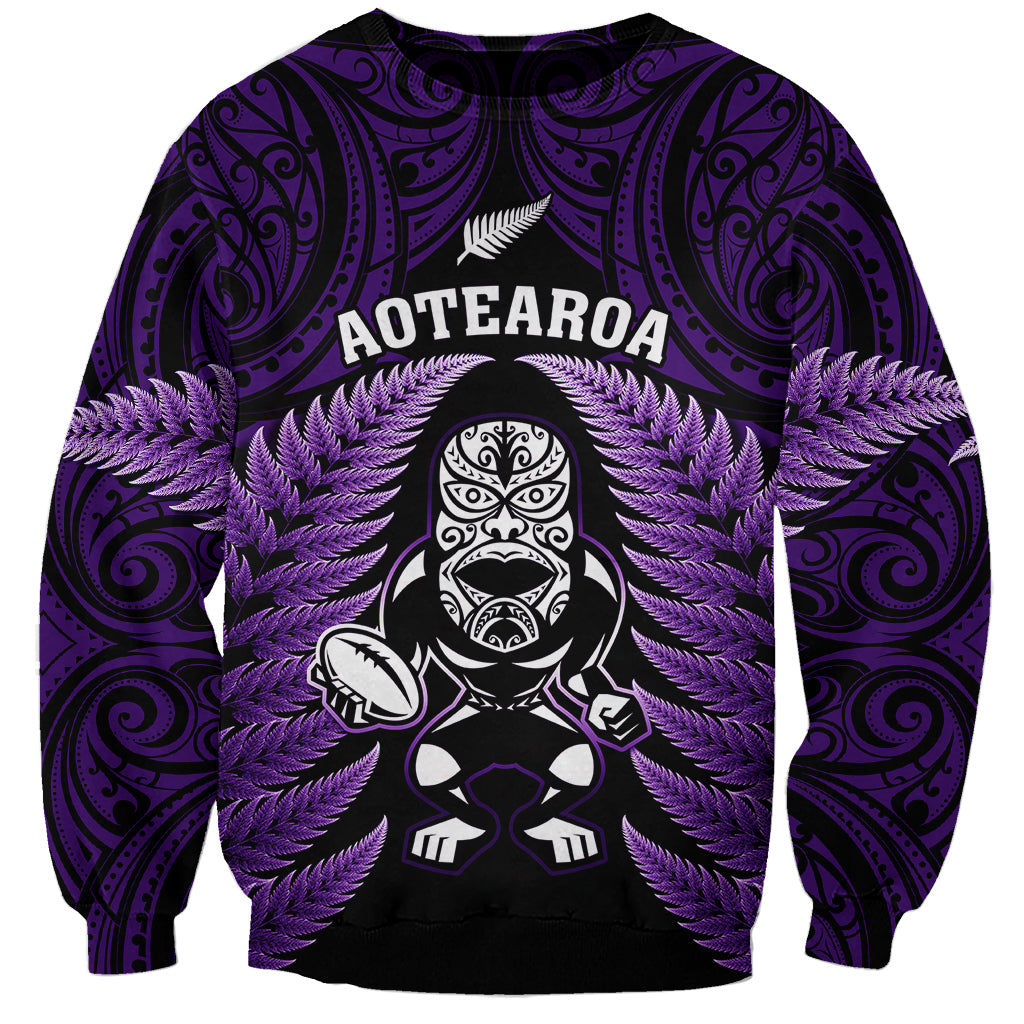 New Zealand Aotearoa Rugby Sweatshirt NZ Tiki With Maori Fern World Cup Purple Version LT14 Unisex Purple - Polynesian Pride