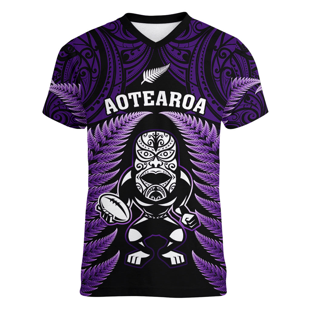New Zealand Aotearoa Rugby Women V Neck T Shirt NZ Tiki With Maori Fern World Cup Purple Version LT14 Female Purple - Polynesian Pride
