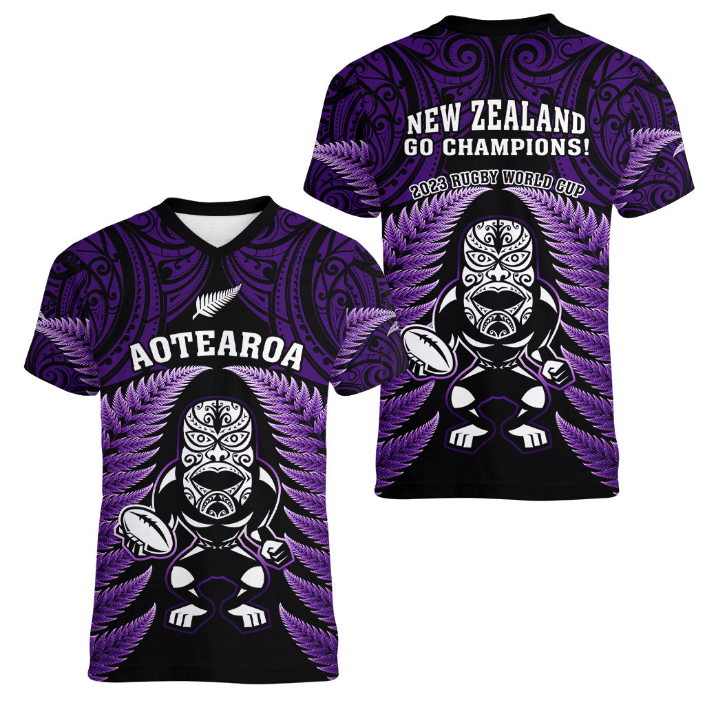 New Zealand Aotearoa Rugby Women V Neck T Shirt NZ Tiki With Maori Fern World Cup Purple Version LT14 - Polynesian Pride