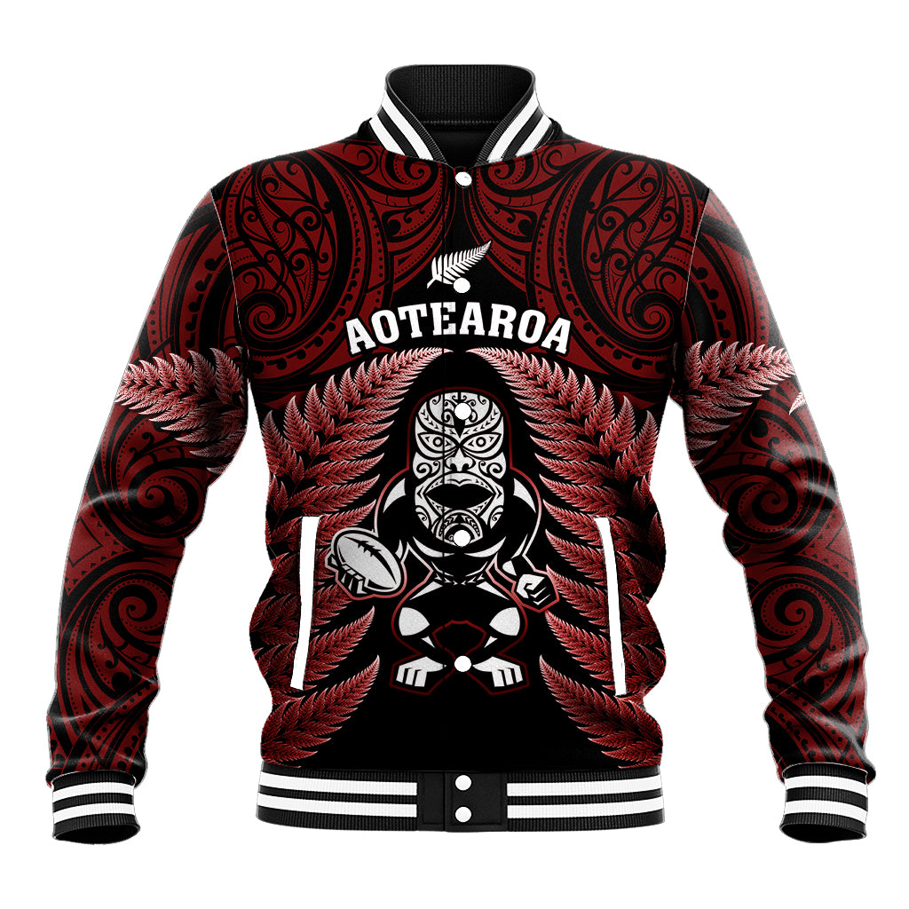 New Zealand Aotearoa Rugby Baseball Jacket NZ Tiki With Maori Fern World Cup Red Version LT14 Unisex Red - Polynesian Pride