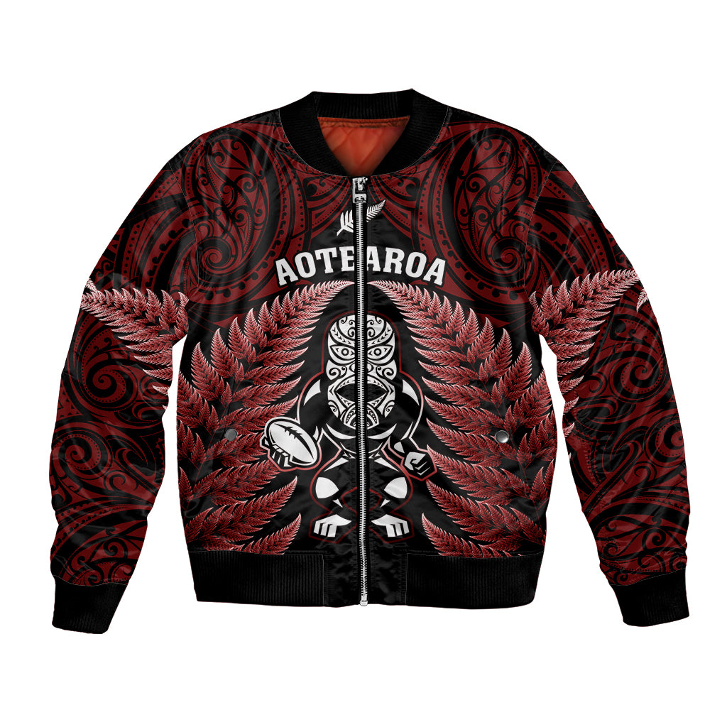 New Zealand Aotearoa Rugby Bomber Jacket NZ Tiki With Maori Fern World Cup Red Version LT14 Unisex Red - Polynesian Pride