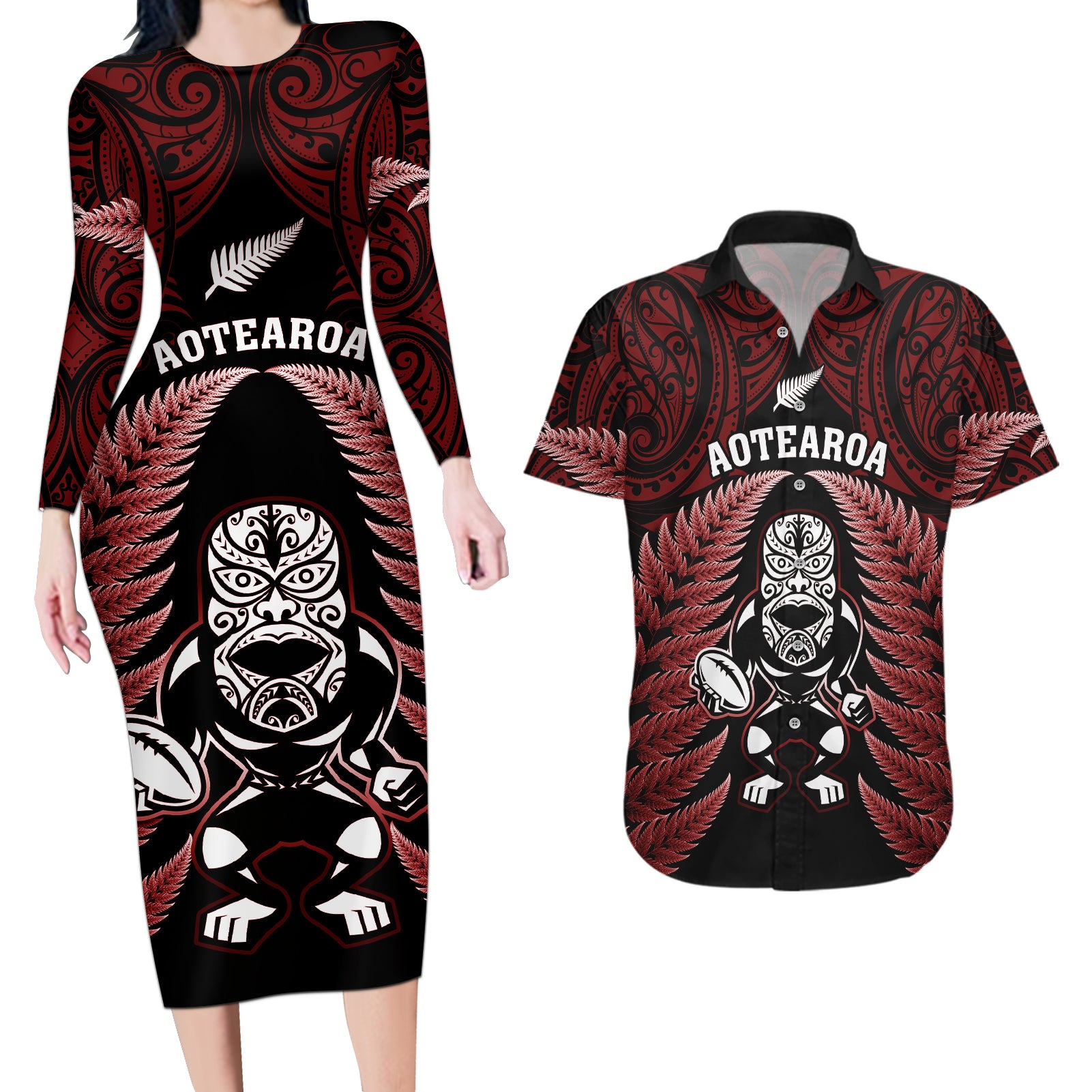 New Zealand Aotearoa Rugby Couples Matching Long Sleeve Bodycon Dress and Hawaiian Shirt NZ Tiki With Maori Fern World Cup Red Version LT14 Red - Polynesian Pride