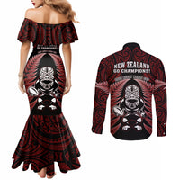 New Zealand Aotearoa Rugby Couples Matching Mermaid Dress and Long Sleeve Button Shirts NZ Tiki With Maori Fern World Cup Red Version LT14 - Polynesian Pride