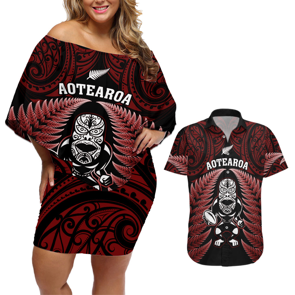 New Zealand Aotearoa Rugby Couples Matching Off Shoulder Short Dress and Hawaiian Shirt NZ Tiki With Maori Fern World Cup Red Version LT14 Red - Polynesian Pride