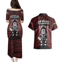 New Zealand Aotearoa Rugby Couples Matching Puletasi Dress and Hawaiian Shirt NZ Tiki With Maori Fern World Cup Red Version LT14 - Polynesian Pride