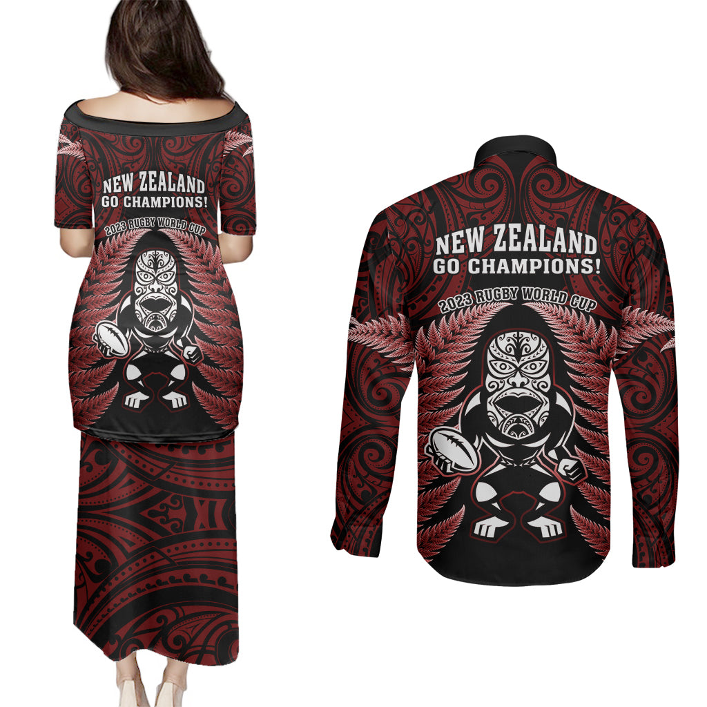 New Zealand Aotearoa Rugby Couples Matching Puletasi Dress and Long Sleeve Button Shirts NZ Tiki With Maori Fern World Cup Red Version LT14 - Polynesian Pride