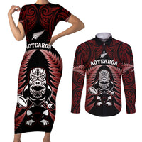 New Zealand Aotearoa Rugby Couples Matching Short Sleeve Bodycon Dress and Long Sleeve Button Shirts NZ Tiki With Maori Fern World Cup Red Version LT14 Red - Polynesian Pride