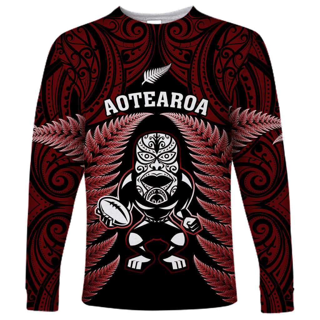 New Zealand Aotearoa Rugby Long Sleeve Shirt NZ Tiki With Maori Fern World Cup Red Version LT14 Unisex Red - Polynesian Pride