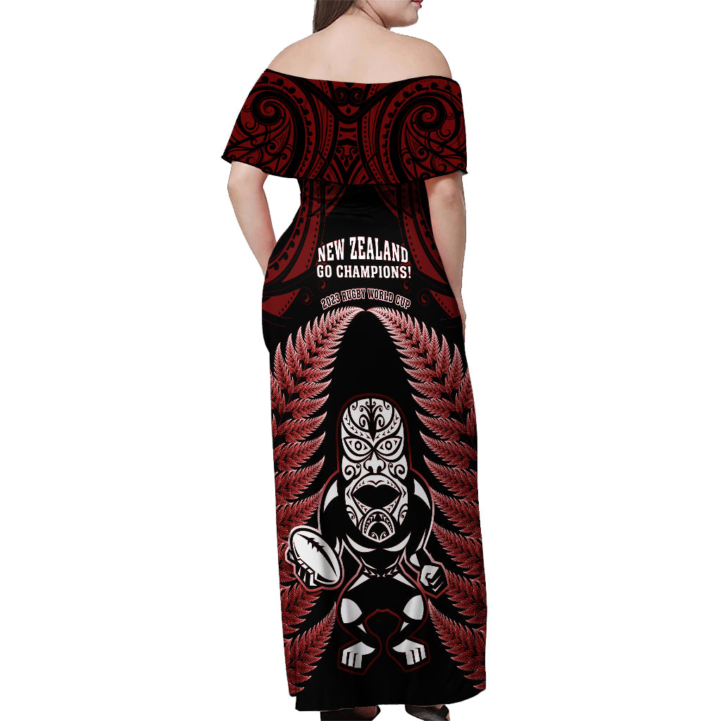 New Zealand Aotearoa Rugby Off Shoulder Maxi Dress NZ Tiki With Maori Fern World Cup Red Version LT14 - Polynesian Pride