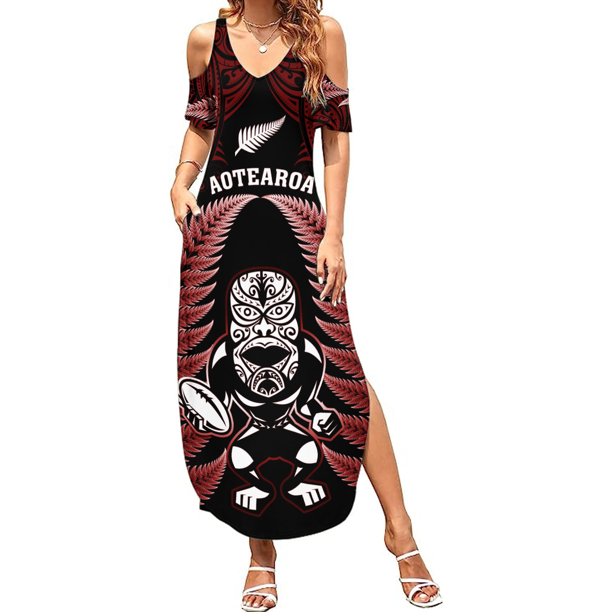 New Zealand Aotearoa Rugby Summer Maxi Dress NZ Tiki With Maori Fern World Cup Red Version LT14 Women Red - Polynesian Pride