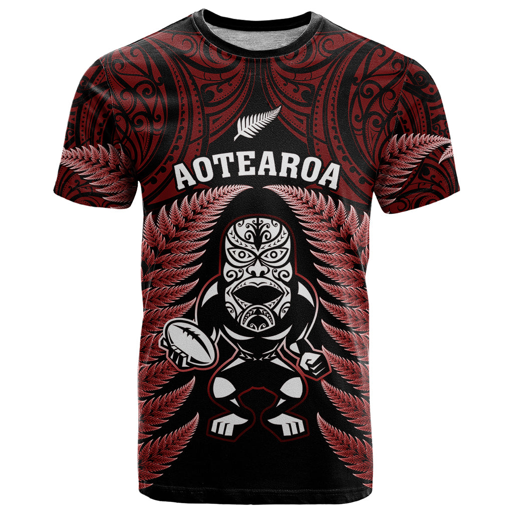 New Zealand Aotearoa Rugby T Shirt NZ Tiki With Maori Fern World Cup Red Version LT14 Red - Polynesian Pride