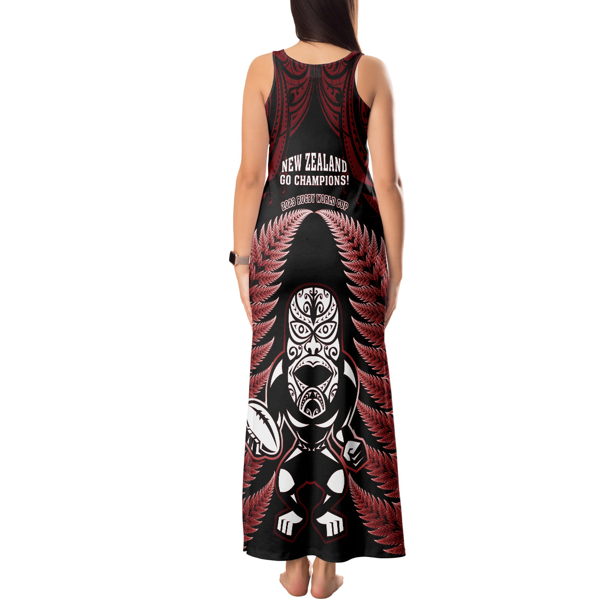 New Zealand Aotearoa Rugby Tank Maxi Dress NZ Tiki With Maori Fern World Cup Red Version LT14 - Polynesian Pride