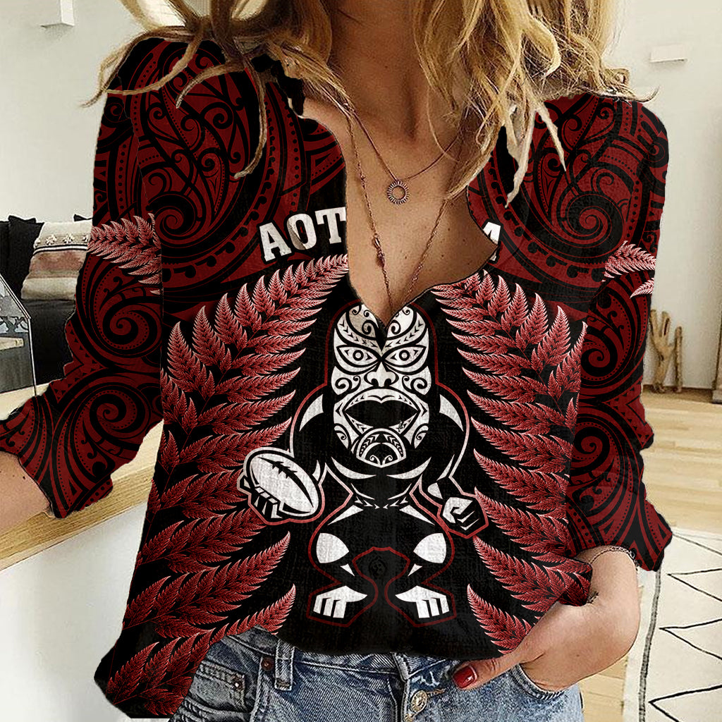 New Zealand Aotearoa Rugby Women Casual Shirt NZ Tiki With Maori Fern World Cup Red Version LT14 Female Red - Polynesian Pride
