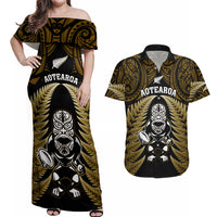 New Zealand Aotearoa Rugby Couples Matching Off Shoulder Maxi Dress and Hawaiian Shirt NZ Tiki With Maori Fern World Cup Gold Version LT14 Gold - Polynesian Pride