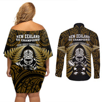 New Zealand Aotearoa Rugby Couples Matching Off Shoulder Short Dress and Long Sleeve Button Shirts NZ Tiki With Maori Fern World Cup Gold Version LT14 - Polynesian Pride