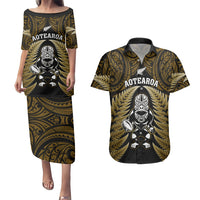 New Zealand Aotearoa Rugby Couples Matching Puletasi Dress and Hawaiian Shirt NZ Tiki With Maori Fern World Cup Gold Version LT14 Gold - Polynesian Pride
