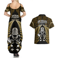New Zealand Aotearoa Rugby Couples Matching Summer Maxi Dress and Hawaiian Shirt NZ Tiki With Maori Fern World Cup Gold Version LT14 - Polynesian Pride