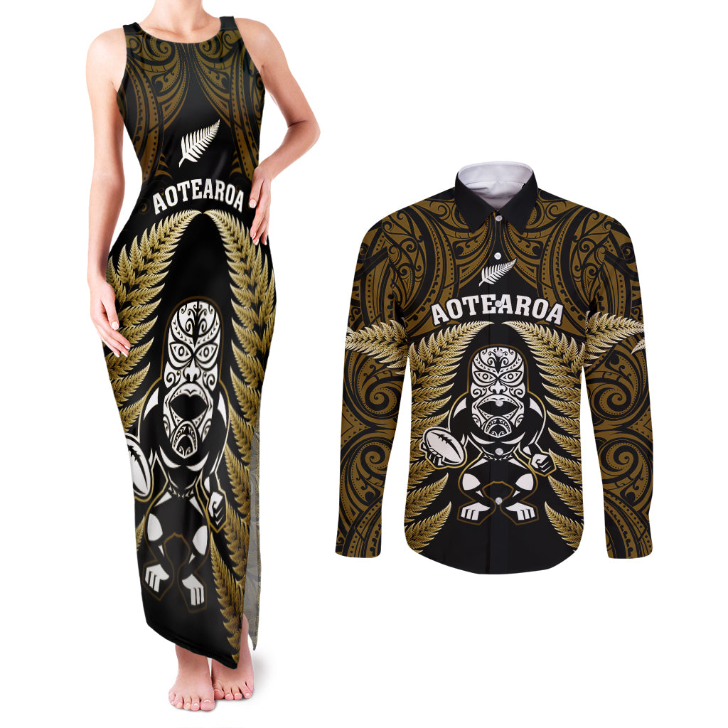 New Zealand Aotearoa Rugby Couples Matching Tank Maxi Dress and Long Sleeve Button Shirts NZ Tiki With Maori Fern World Cup Gold Version LT14 Gold - Polynesian Pride