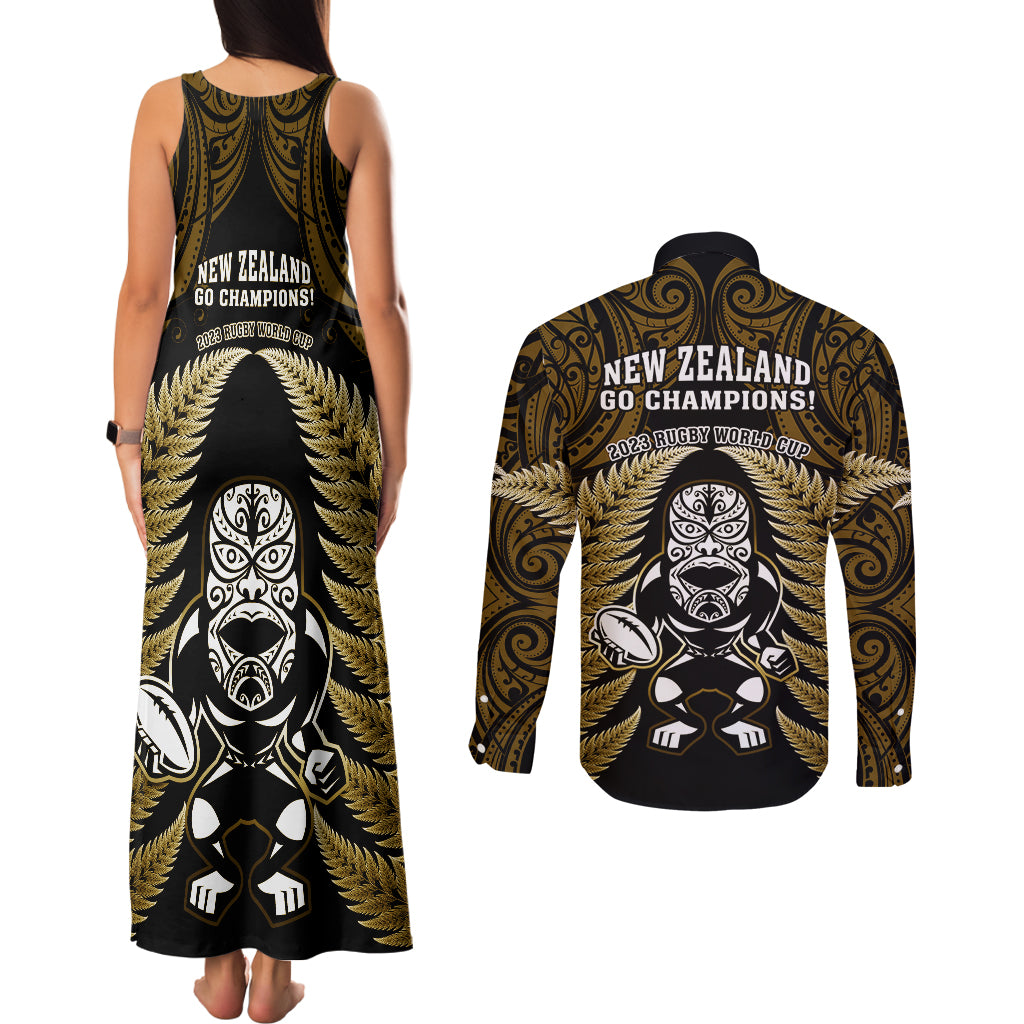 New Zealand Aotearoa Rugby Couples Matching Tank Maxi Dress and Long Sleeve Button Shirts NZ Tiki With Maori Fern World Cup Gold Version LT14 - Polynesian Pride