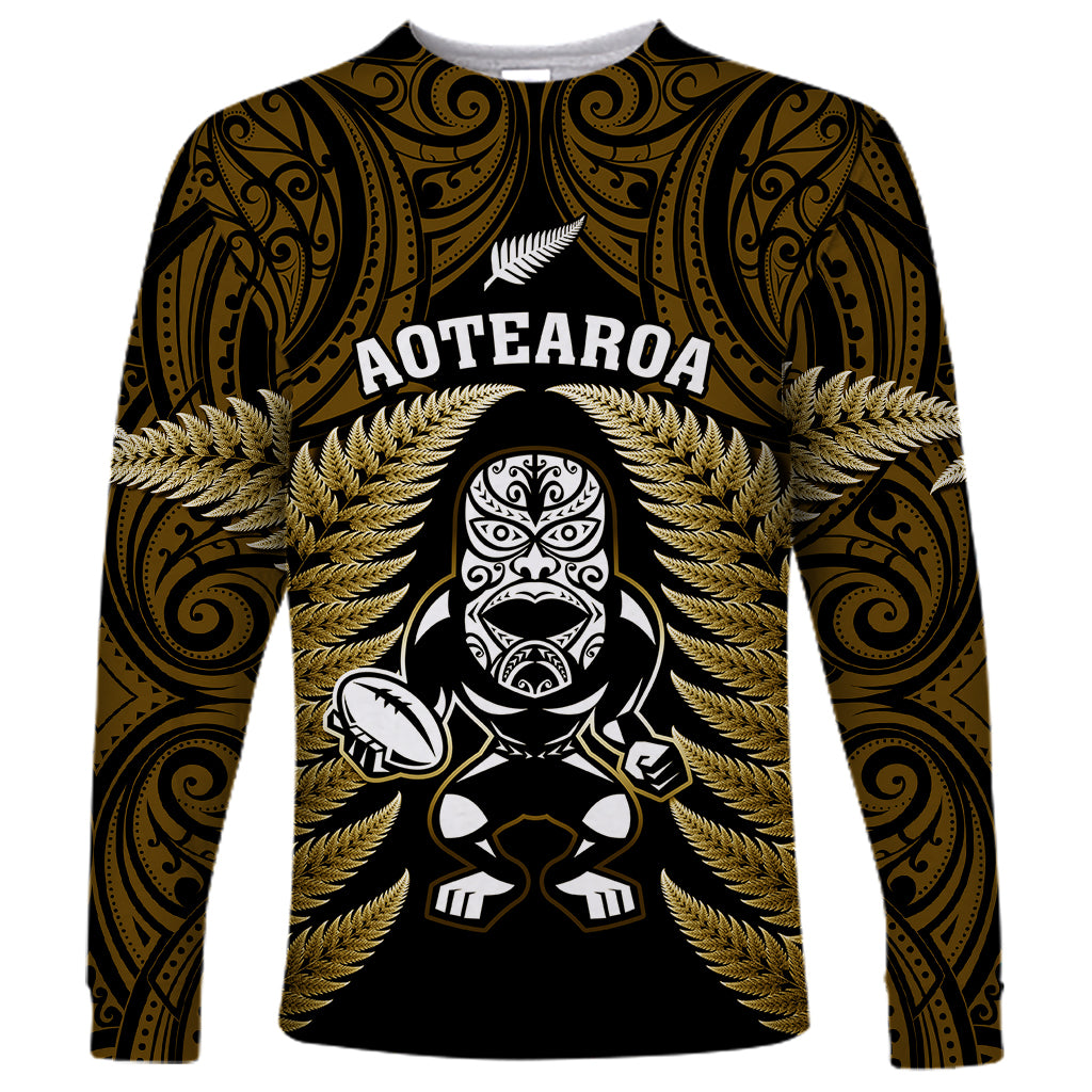 New Zealand Aotearoa Rugby Long Sleeve Shirt NZ Tiki With Maori Fern World Cup Gold Version LT14 Unisex Gold - Polynesian Pride