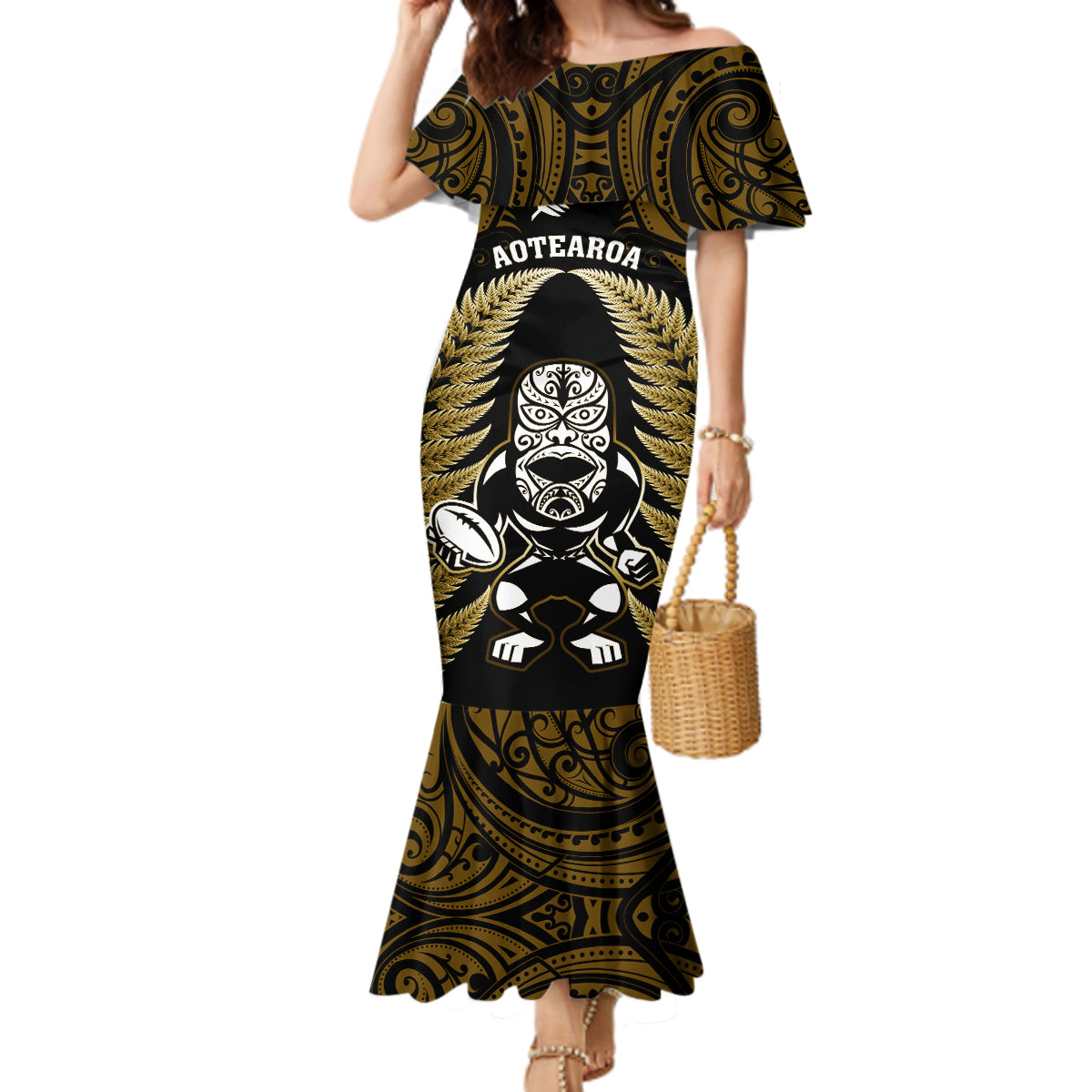 New Zealand Aotearoa Rugby Mermaid Dress NZ Tiki With Maori Fern World Cup Gold Version LT14 Women Gold - Polynesian Pride