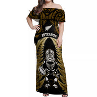New Zealand Aotearoa Rugby Off Shoulder Maxi Dress NZ Tiki With Maori Fern World Cup Gold Version LT14 Women Gold - Polynesian Pride