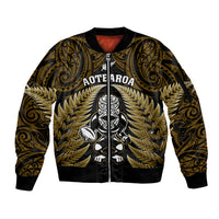 New Zealand Aotearoa Rugby Sleeve Zip Bomber Jacket NZ Tiki With Maori Fern World Cup Gold Version LT14 Unisex Gold - Polynesian Pride