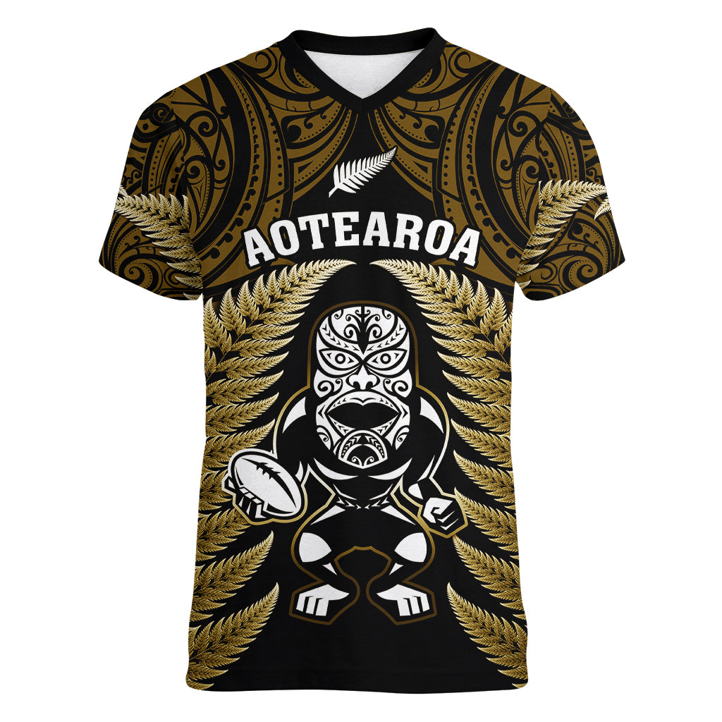 New Zealand Aotearoa Rugby Women V Neck T Shirt NZ Tiki With Maori Fern World Cup Gold Version LT14 Female Gold - Polynesian Pride