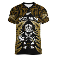 New Zealand Aotearoa Rugby Women V Neck T Shirt NZ Tiki With Maori Fern World Cup Gold Version LT14 Female Gold - Polynesian Pride