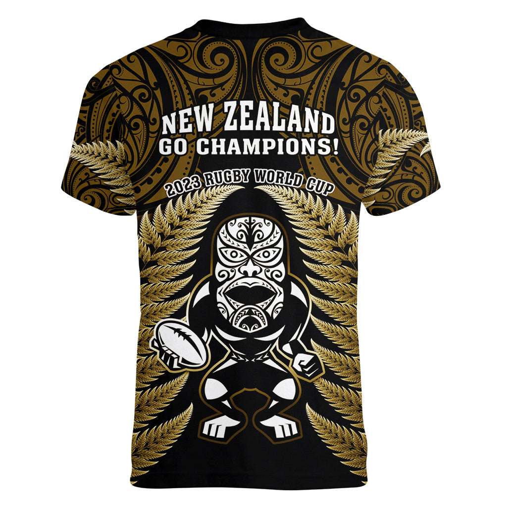 New Zealand Aotearoa Rugby Women V Neck T Shirt NZ Tiki With Maori Fern World Cup Gold Version LT14 - Polynesian Pride