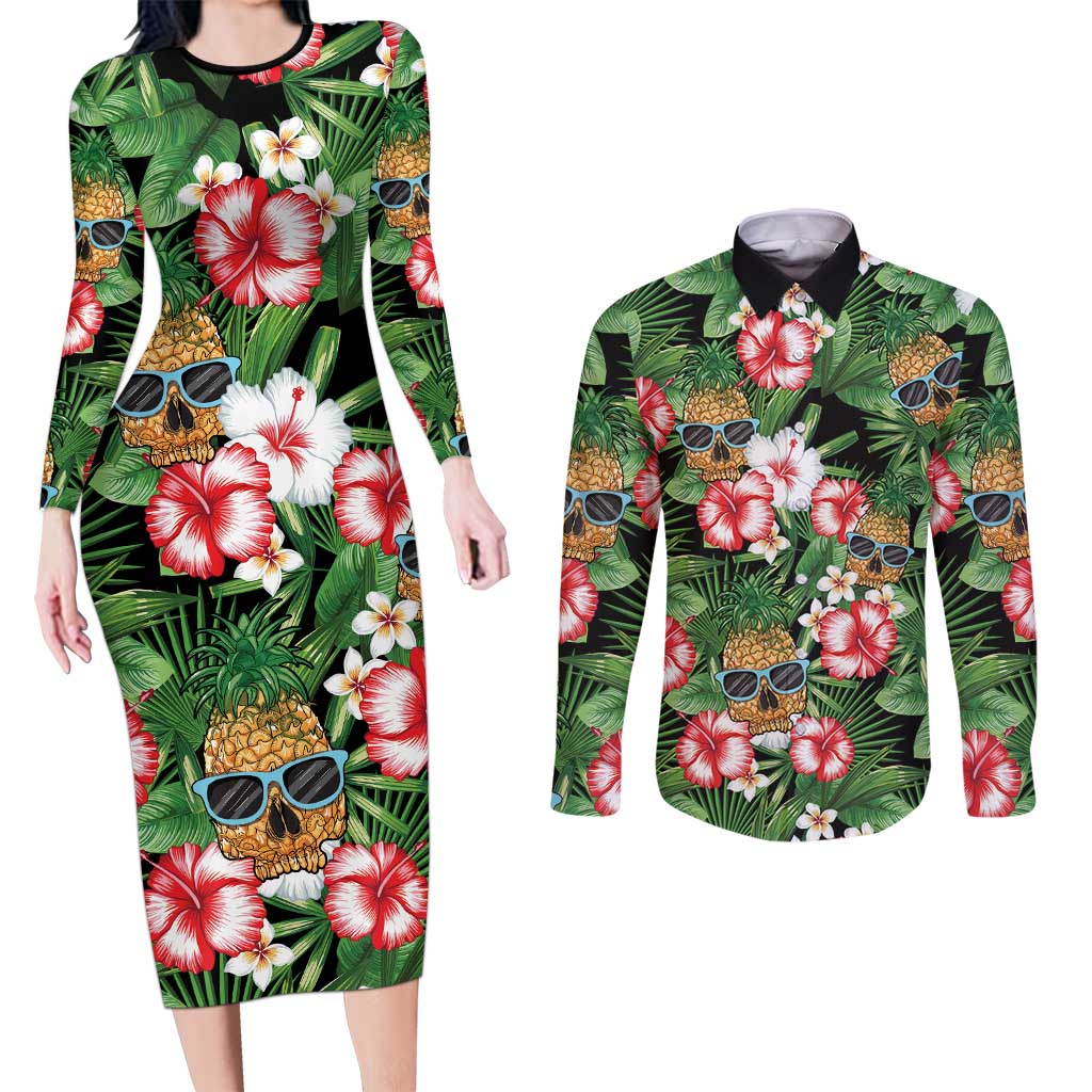 Pineapple Skull Aloha Hawaii Couples Matching Long Sleeve Bodycon Dress and Long Sleeve Button Shirt Summer Vibes Tropical Seamless Pattern - Polynesian Pride