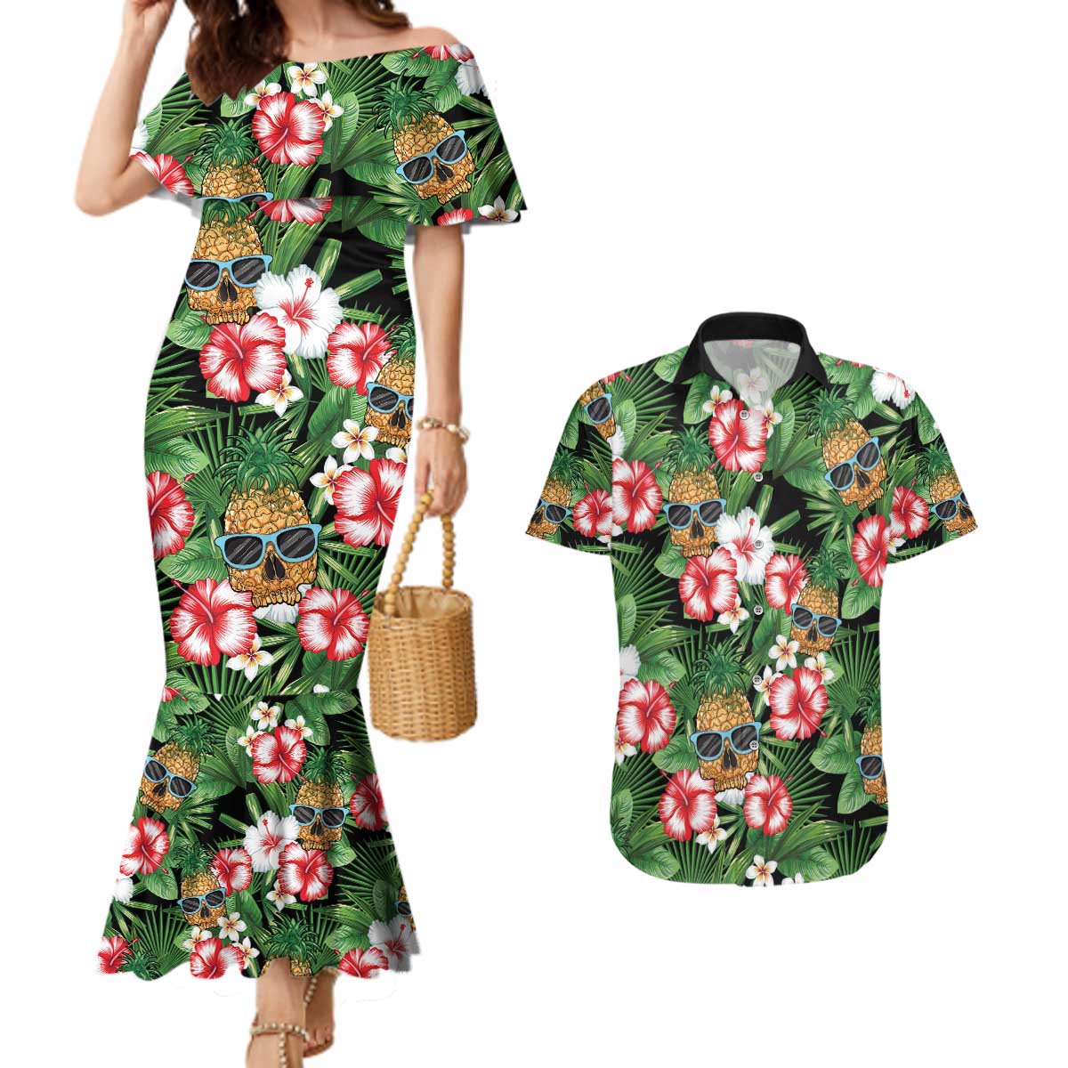 Pineapple Skull Aloha Hawaii Couples Matching Mermaid Dress and Hawaiian Shirt Summer Vibes Tropical Seamless Pattern - Polynesian Pride
