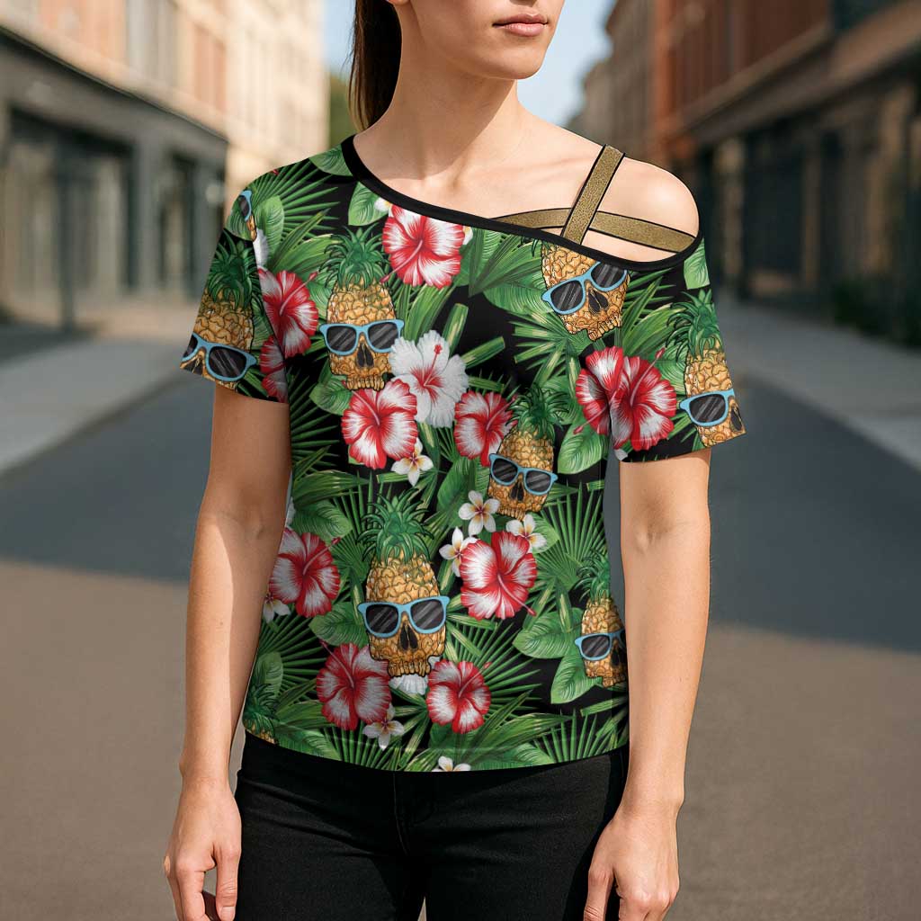 Pineapple Skull Aloha Hawaii Cross Shoulder Shirt Summer Vibes Tropical Seamless Pattern - Polynesian Pride