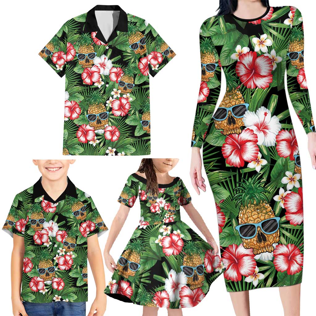 Pineapple Skull Aloha Hawaii Family Matching Long Sleeve Bodycon Dress and Hawaiian Shirt Summer Vibes Tropical Seamless Pattern - Polynesian Pride