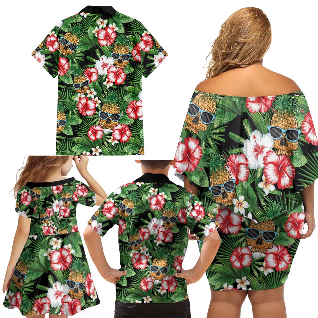 Pineapple Skull Aloha Hawaii Family Matching Off Shoulder Short Dress and Hawaiian Shirt Summer Vibes Tropical Seamless Pattern - Polynesian Pride
