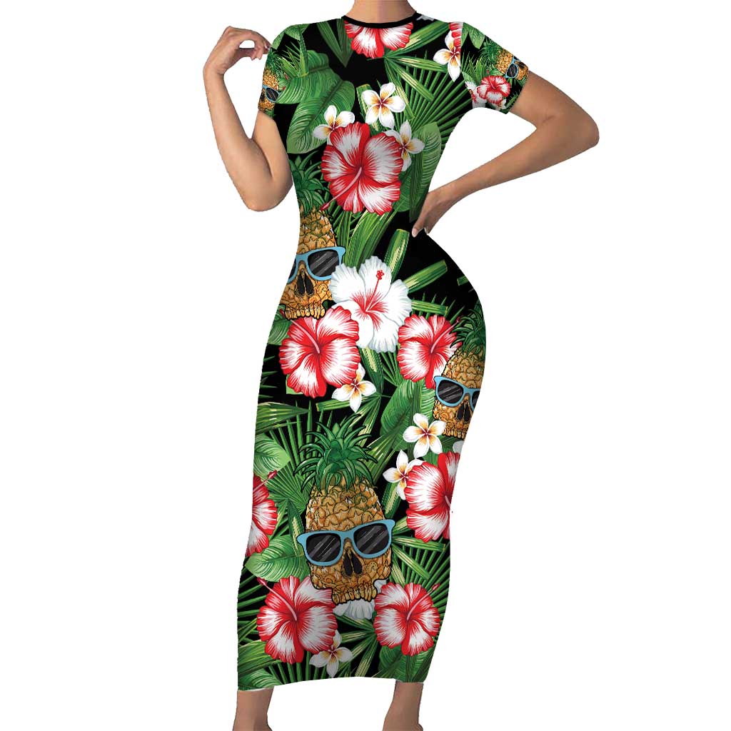 Pineapple Skull Aloha Hawaii Family Matching Short Sleeve Bodycon Dress and Hawaiian Shirt Summer Vibes Tropical Seamless Pattern - Polynesian Pride