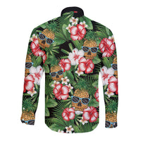 Pineapple Skull Aloha Hawaii Long Sleeve Button Shirt Summer Vibes Tropical Seamless Pattern - Polynesian Pride