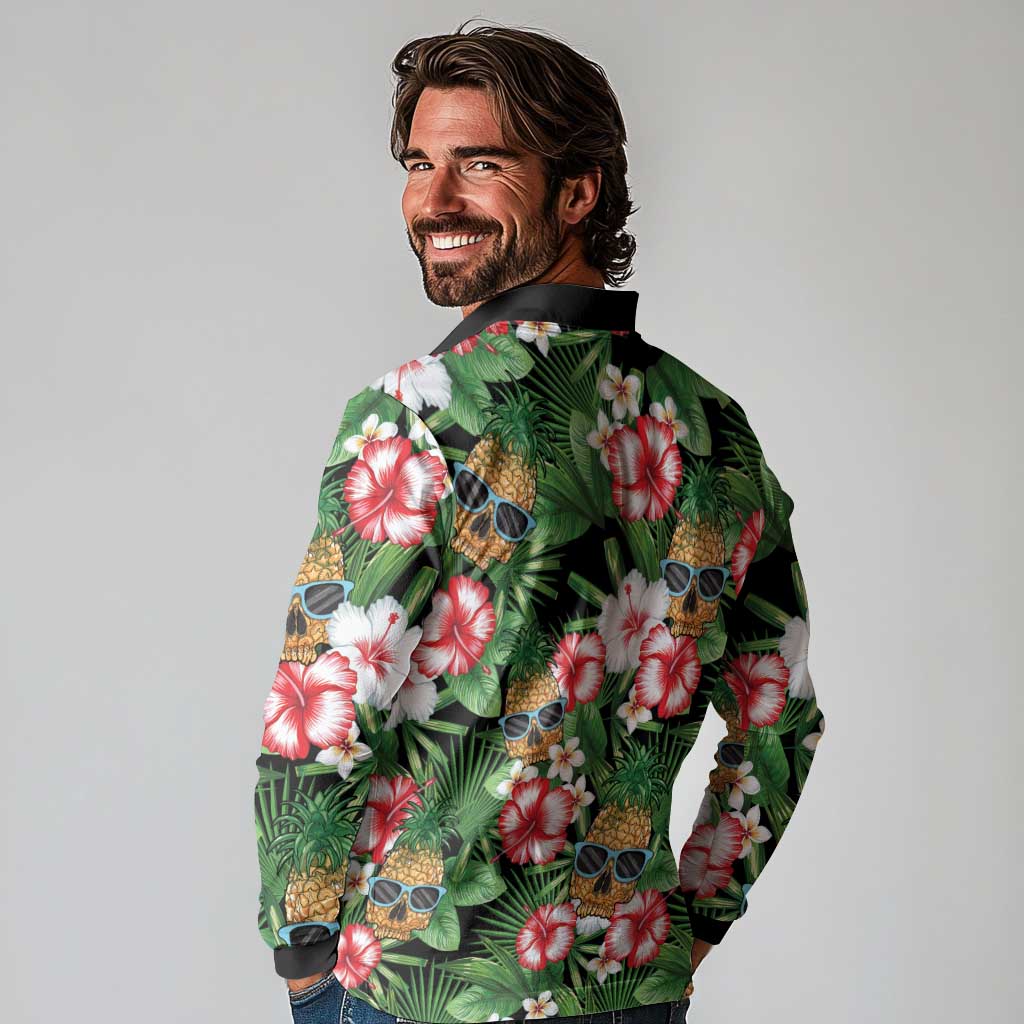 Pineapple Skull Aloha Hawaii Long Sleeve Polo Shirt Summer Vibes Tropical Seamless Pattern - Polynesian Pride