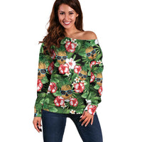 Pineapple Skull Aloha Hawaii Off Shoulder Sweater Summer Vibes Tropical Seamless Pattern - Polynesian Pride