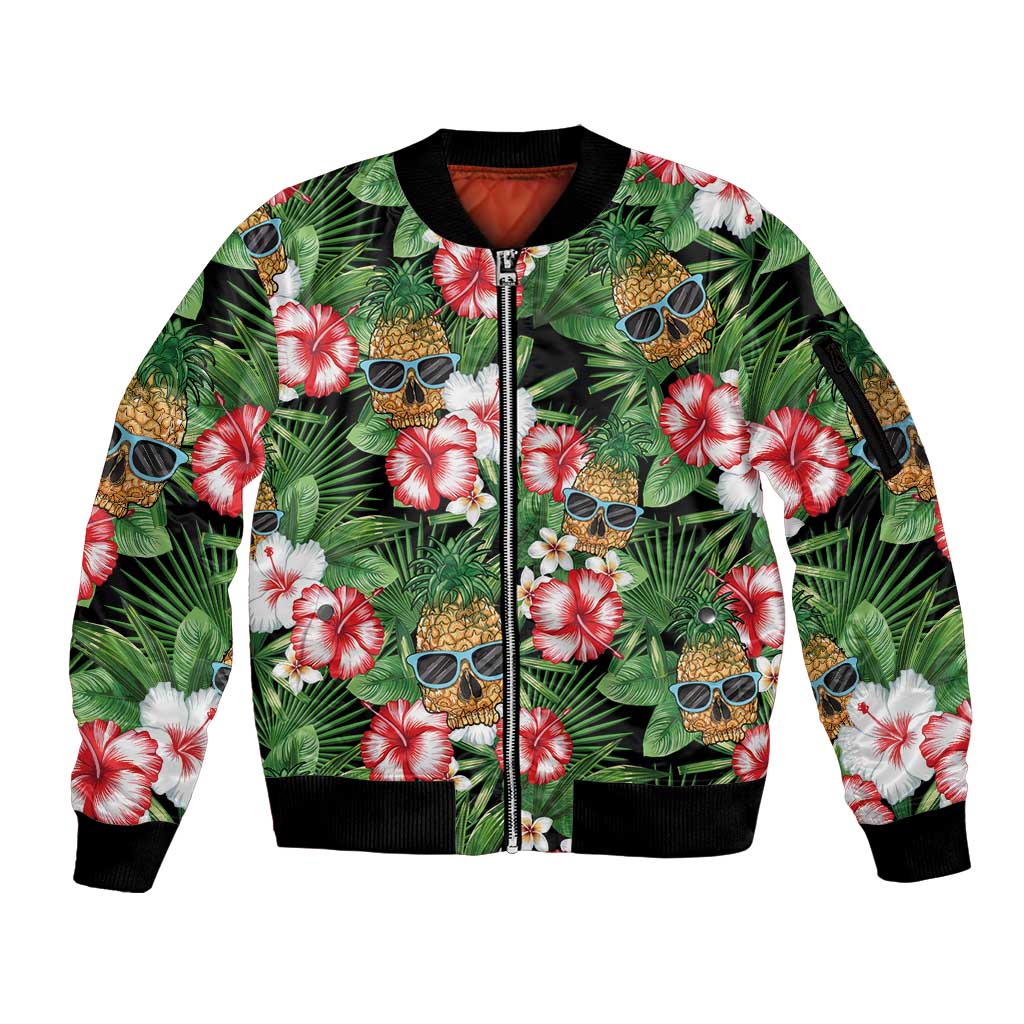 Pineapple Skull Aloha Hawaii Sleeve Zip Bomber Jacket Summer Vibes Tropical Seamless Pattern - Polynesian Pride