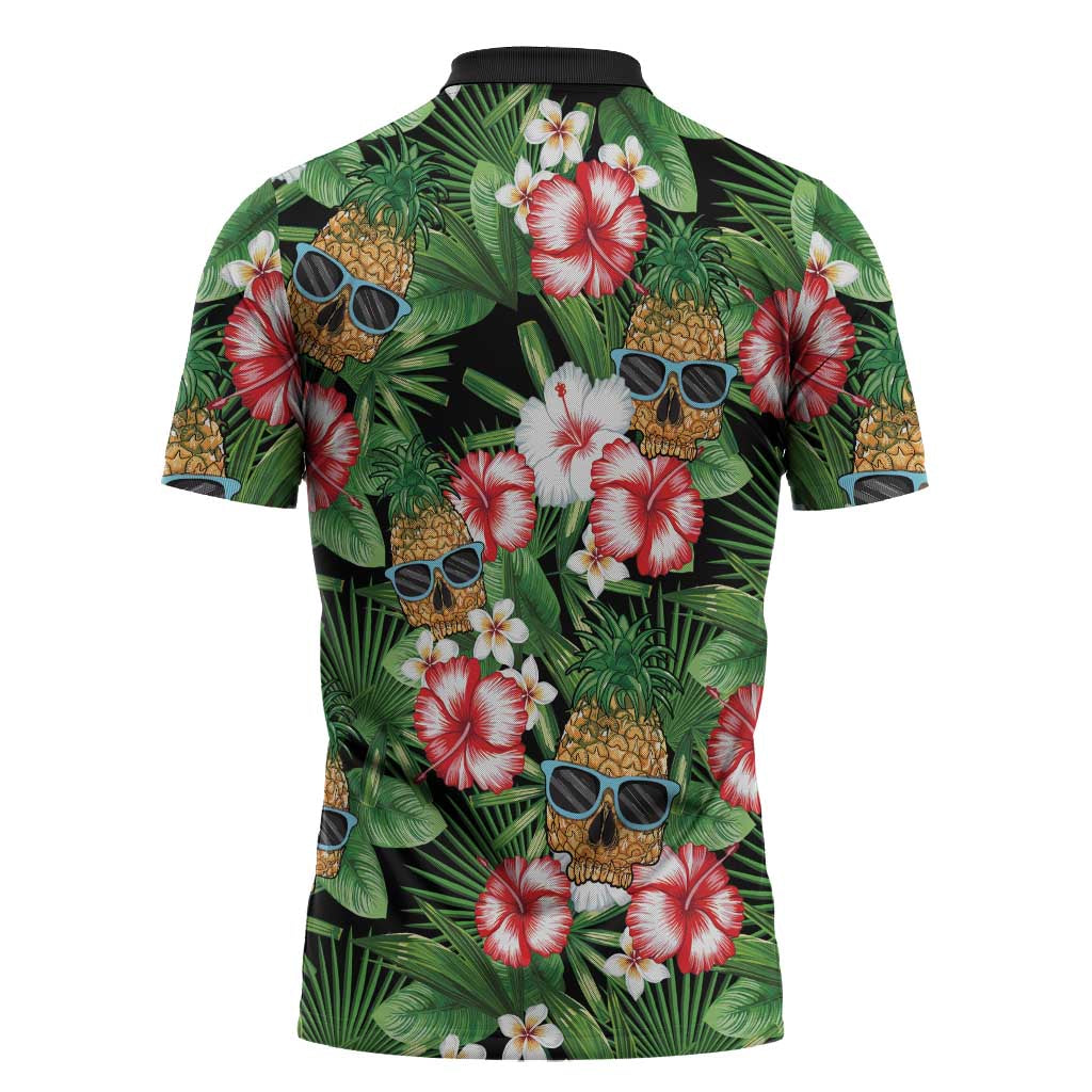 Pineapple Skull Aloha Hawaii Zipper Polo Shirt Summer Vibes Tropical Seamless Pattern - Polynesian Pride