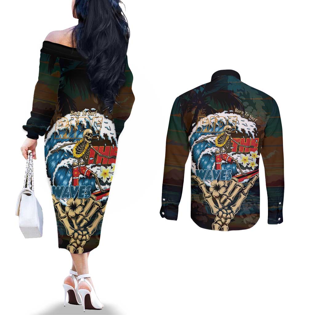 Aloha Hawaii Surfing Skull Couples Matching Off The Shoulder Long Sleeve Dress and Long Sleeve Button Shirt Shaka Skeleton Ride The Waves - Polynesian Pride