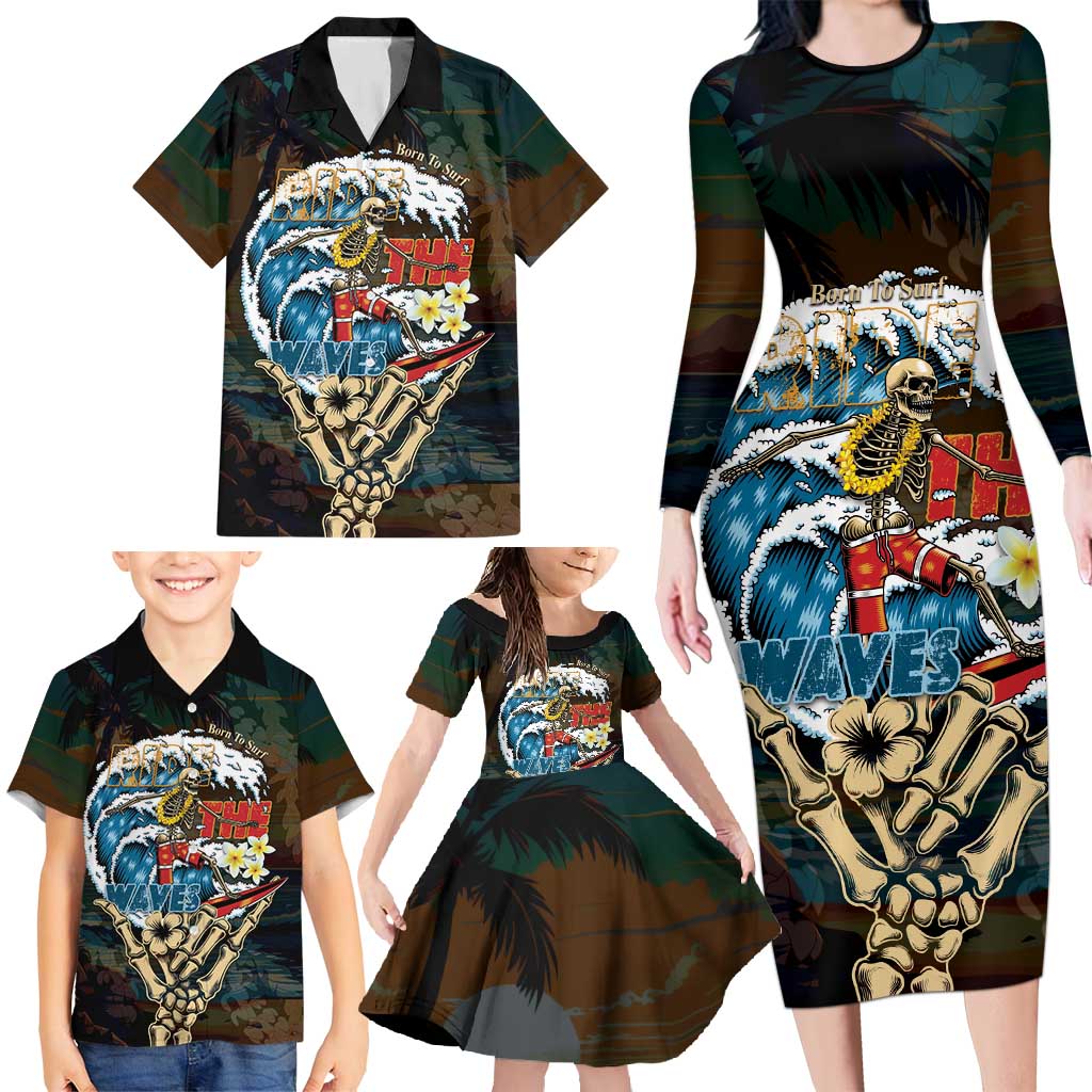 Aloha Hawaii Surfing Skull Family Matching Long Sleeve Bodycon Dress and Hawaiian Shirt Shaka Skeleton Ride The Waves LT14 - Polynesian Pride