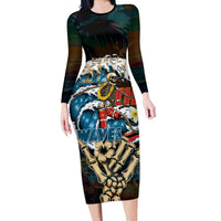 Aloha Hawaii Surfing Skull Family Matching Long Sleeve Bodycon Dress and Hawaiian Shirt Shaka Skeleton Ride The Waves LT14 Mom's Dress Black - Polynesian Pride