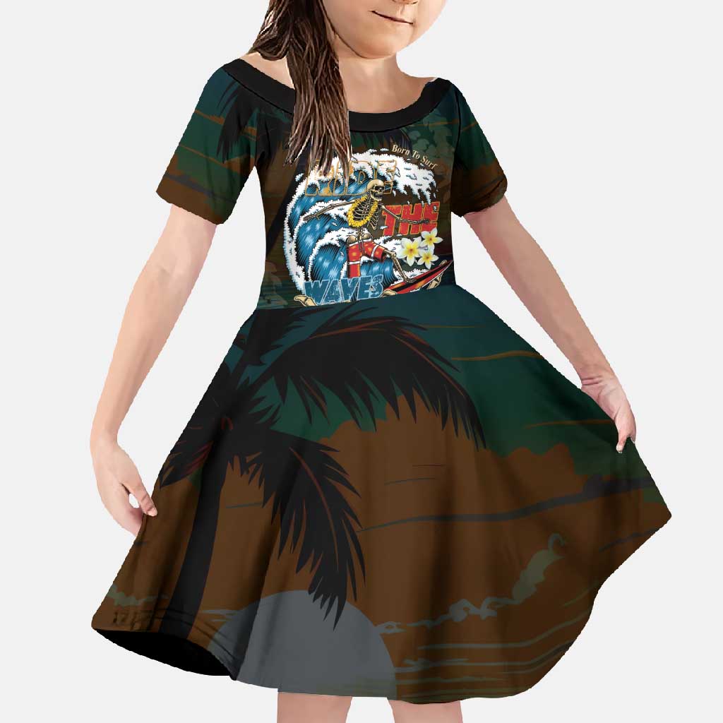 Aloha Hawaii Surfing Skull Family Matching Mermaid Dress and Hawaiian Shirt Shaka Skeleton Ride The Waves LT14 Daughter's Dress Black - Polynesian Pride
