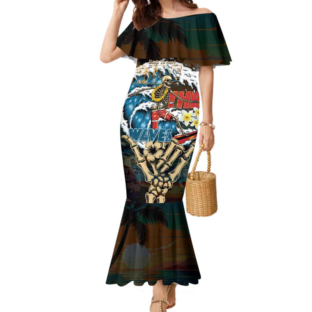 Aloha Hawaii Surfing Skull Family Matching Mermaid Dress and Hawaiian Shirt Shaka Skeleton Ride The Waves LT14 Mom's Dress Black - Polynesian Pride
