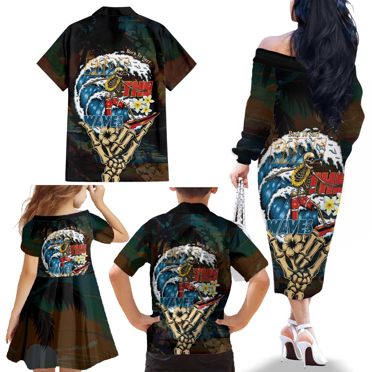 Aloha Hawaii Surfing Skull Family Matching Off The Shoulder Long Sleeve Dress and Hawaiian Shirt Shaka Skeleton Ride The Waves - Polynesian Pride