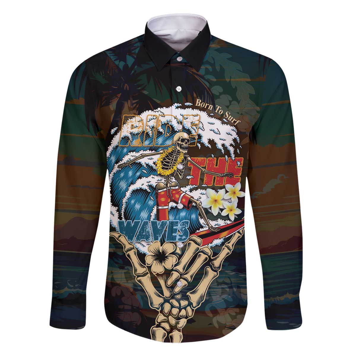 Aloha Hawaii Surfing Skull Family Matching Off The Shoulder Long Sleeve Dress and Hawaiian Shirt Shaka Skeleton Ride The Waves - Polynesian Pride