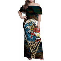 Aloha Hawaii Surfing Skull Family Matching Off Shoulder Maxi Dress and Hawaiian Shirt Shaka Skeleton Ride The Waves LT14 Mom's Dress Black - Polynesian Pride